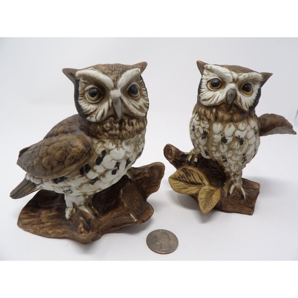 Vintage Pair HOMCO Owls Brown with White Breasts Sitting on Branches Marked 1114 - Picture 2 of 10